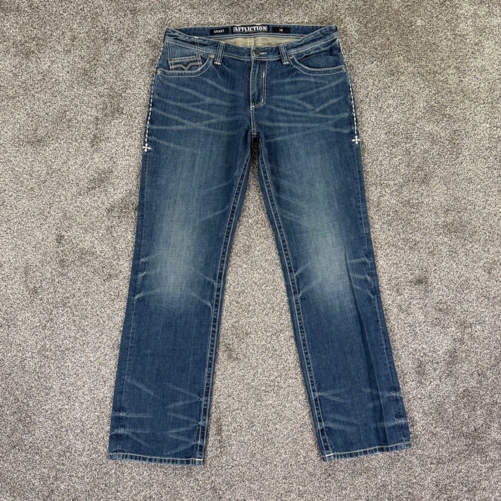 Affliction Grant Mens Jeans 36 Blue Embroidered Fleur De Lis Y2K Streetwear